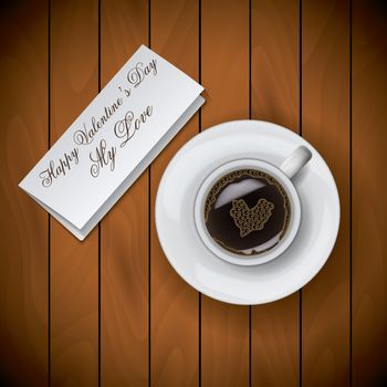 Coffee cup with letter on wood background.