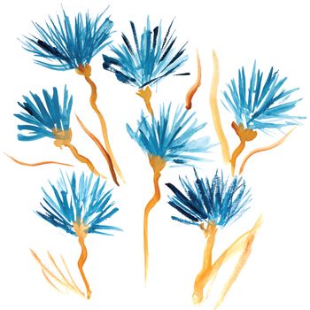 Hand Painted blue watercolor flowers isolated on white background.