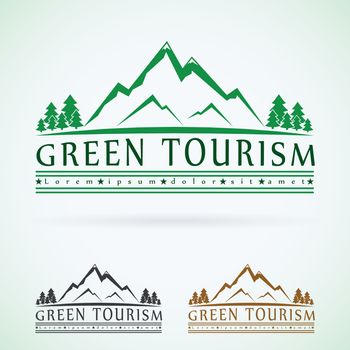 Mountains vintage vector logo design template, green tourism icon. 