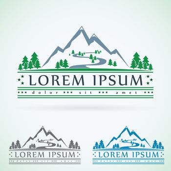 Mountains vintage vector logo design template, green tourism icon. 