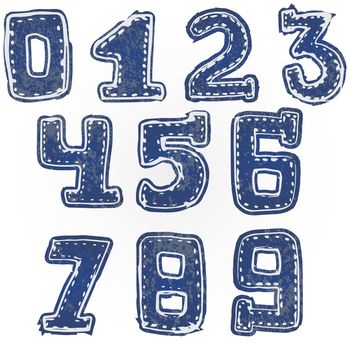 Written numbers 0-9 hand drawn sketch denim style.