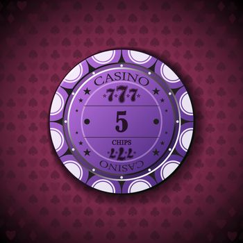 Poker chip nominal five, on card symbol background.