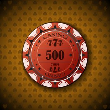 Poker chip nominal five hundred, on card symbol background.