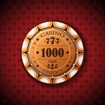 Poker chip nominal, one thousand on card symbol background.