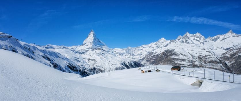 Panoramic beautiful view of snow mountain Matterhorn peak, Zermatt, Switzerland.