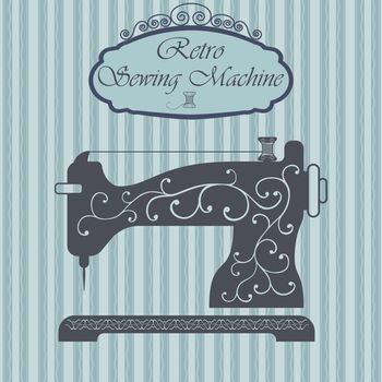 Retro sewing machine with floral ornament on hipster background. Vintage sign design. Old fashiond theme label.