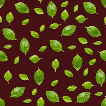 Italian Basil leaf herb seamless pattern on red background, Creative seamless pattern made from fresh green basil flat lay layout. Food ingredient seamless pattern.