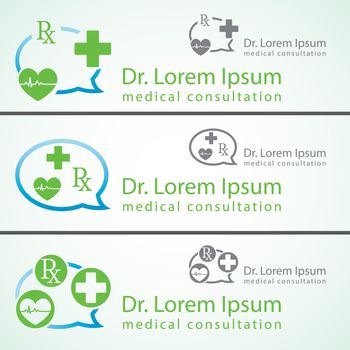 Medical pharmacy logo design template. Medic cross icon heart with cardiogram. Doctor consultant identity mock up.