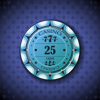 Poker chip nominal twenty five, on card symbol background.