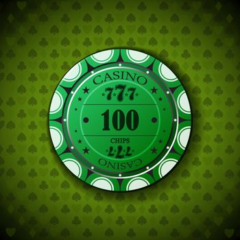Poker chip nominal one hundred, on card symbol background.