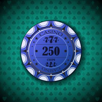 Poker chip nominal, two hundred fifty, on card symbol background.
