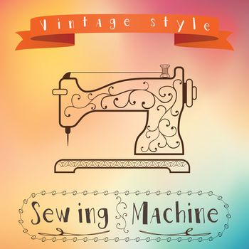 Old retro sewing machine with floral ornament on colorfull background. Vintage label design. Color flow effect. Hipster theme label.