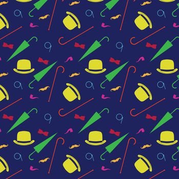 Retro gentleman elements - bowler, moustache, tobacco pipe monocle, cane and umbrella seamless pattern.