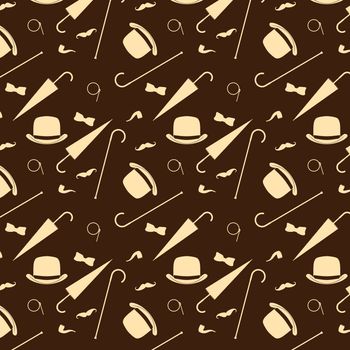 Retro gentleman elements - bowler, moustache, tobacco pipe monocle, cane and umbrella seamless pattern.