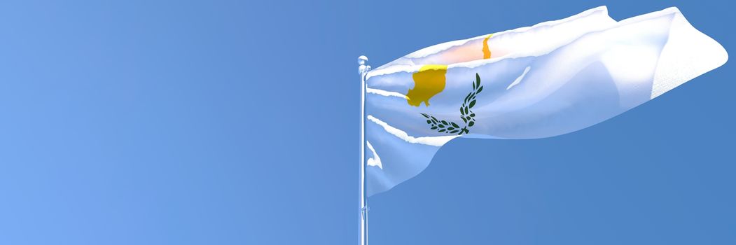 3D rendering of the national flag of Cyprus waving in the wind against a blue sky