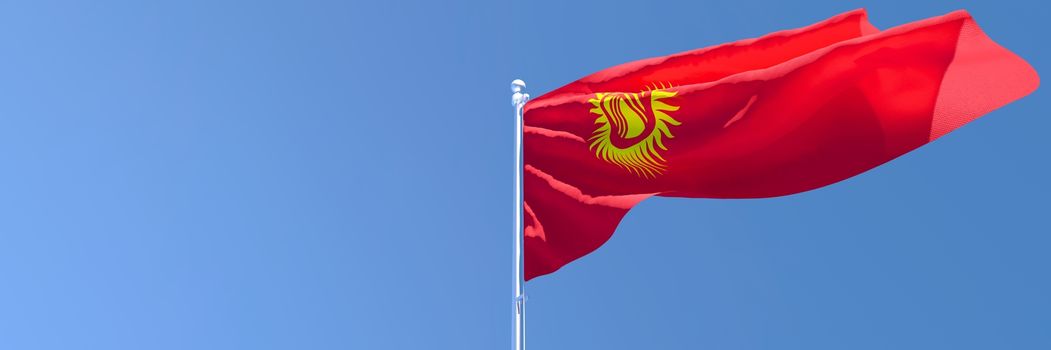 3D rendering of the national flag of Kyrgyzstan waving in the wind against a blue sky