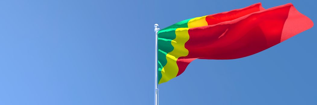 3D rendering of the national flag of Congo waving in the wind against a blue sky