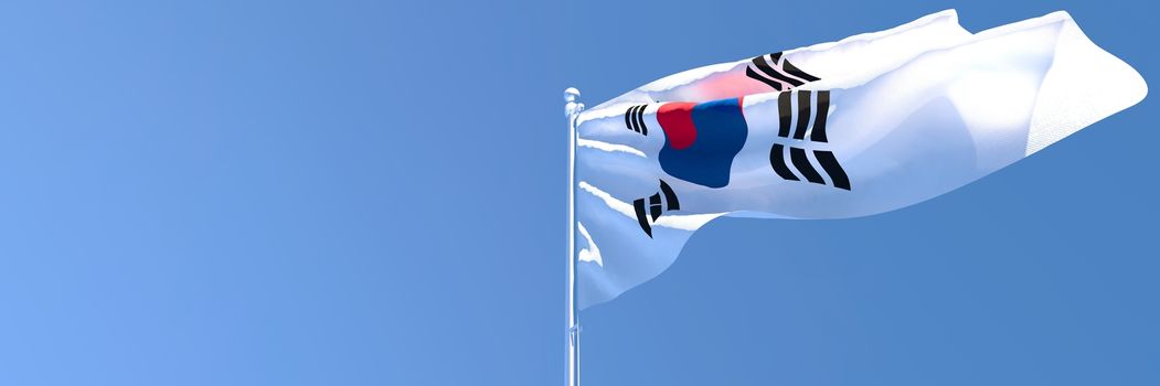 3D rendering of the national flag of South Korea waving in the wind against a blue sky