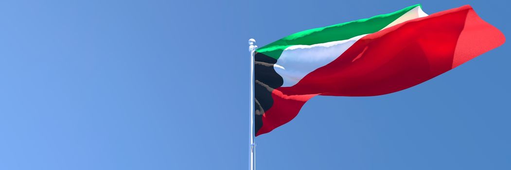 3D rendering of the national flag of Kuwait waving in the wind against a blue sky