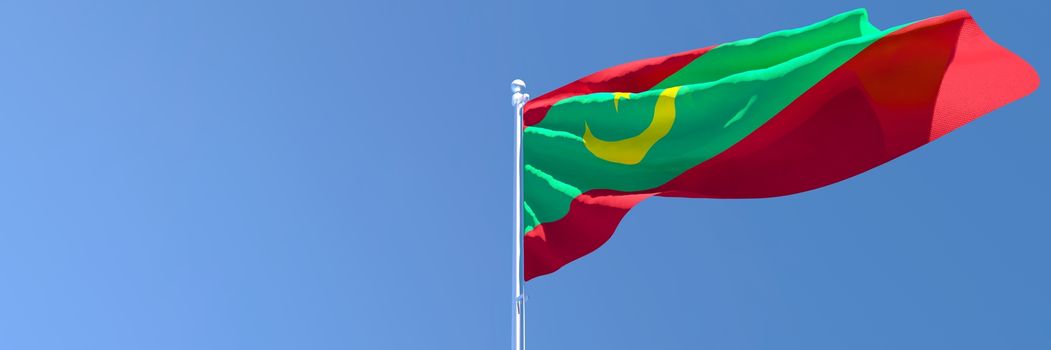 3D rendering of the national flag of Mauritania waving in the wind against a blue sky