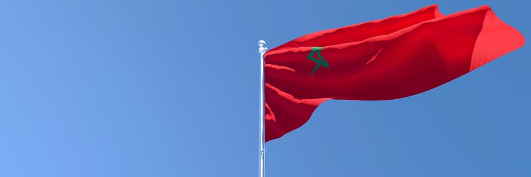 3D rendering of the national flag of Morocco waving in the wind against a blue sky