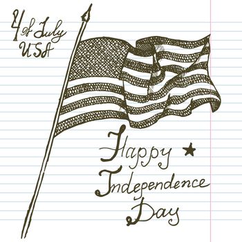 Hand drawn sketch American flag, USA Independence day, vector illustration.