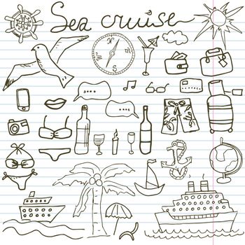 Hand drawn sketch sea cruise doodles vector illustration of Travel and summer elements, on paper notebook.