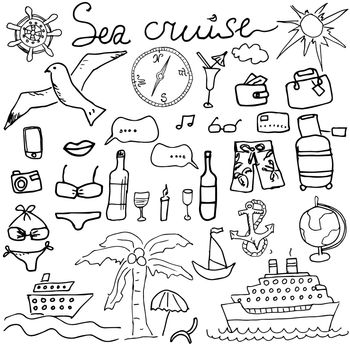 Hand drawn sketch sea cruise doodles vector illustration of Travel and summer elements, isolated.