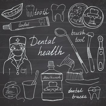 Dental health doodles icons set. Hand drawn sketch with teeth, toothpaste toothbrush dentist mouth wash and floss. vector illustration on chalkboard background.