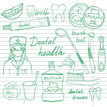 Dental health doodles icons set. Hand drawn sketch with teeth, toothpaste toothbrush dentist mouth wash and floss. vector illustration on notebook paper background.