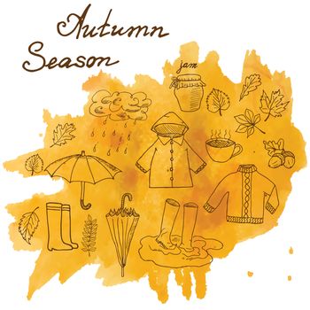 Autumn season set doodles elements. Hand drawn set with umprella cuo of hot tea, rain, rubber boots, clothes and leevs collection. Drawing doodle collection, on on watercolor stain.