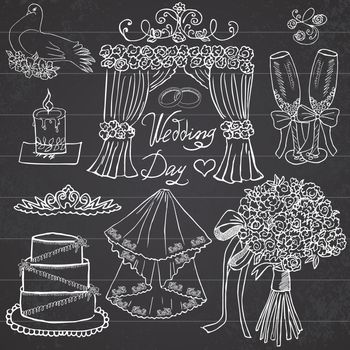 Wedding day elements. Hand drawn set with flowers, candle, glasses for champaign and festive attributes. Drawing doodle collection, on chalkboard background.