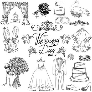 Wedding day elements. Hand drawn set with flowers candle bride dress and tuxedo suit, shoes, glasses for champaign and festive attributes. Drawing doodle collection, on chalkboard background.
