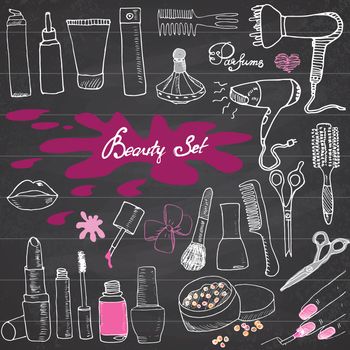 Hand drawn collection of make up, cosmetics and beauty items set, with hairbrushes, dryers, lipstick and nails  illustration on chalkboard.