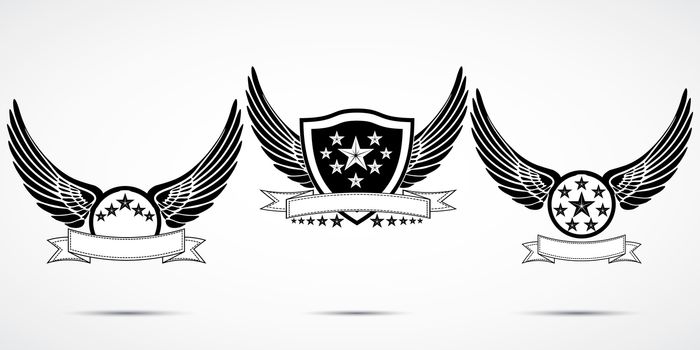 Wing abstract emblem set, logo template, badge label, icon, tattoo design.