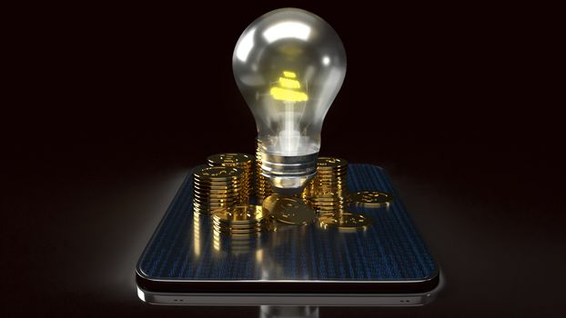 The light bulb and gold coins on tablet for idea or business content 3d rendering.
