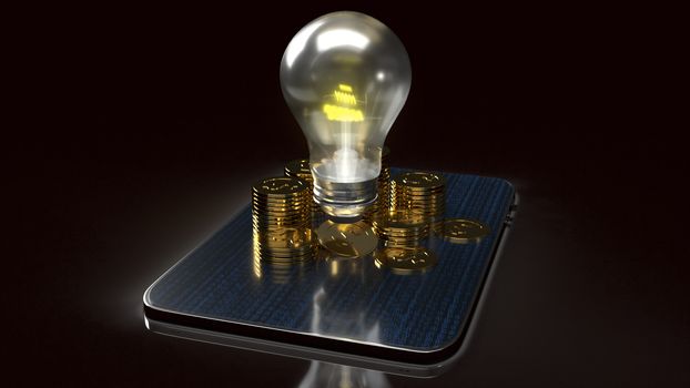 The light bulb and gold coins on tablet for idea or business content 3d rendering.
