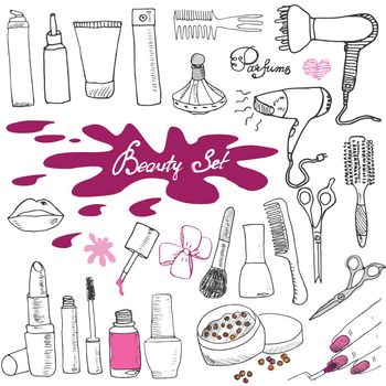 Hand drawn collection of make up, cosmetics and beauty items set, with hairbrushes, dryers, lipstick and nails  illustration isolated.