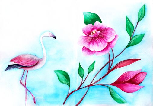 Pink flamingo bird and tropic flower. Bright watercolor illustration. Beach or summer concept. Hand-drawn artwork.