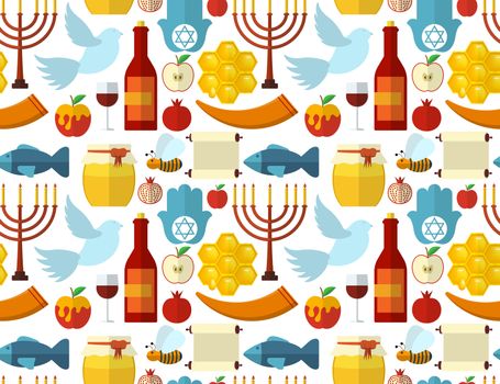 Rosh Hashanah, Shana Tova or Jewish New year seamless pattern, with honey, apple, fish, bee, bottle, torah and other traditional items