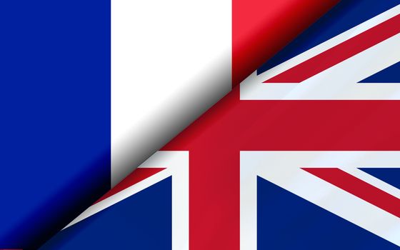 Flags of the French and UK divided diagonally. 3D rendering