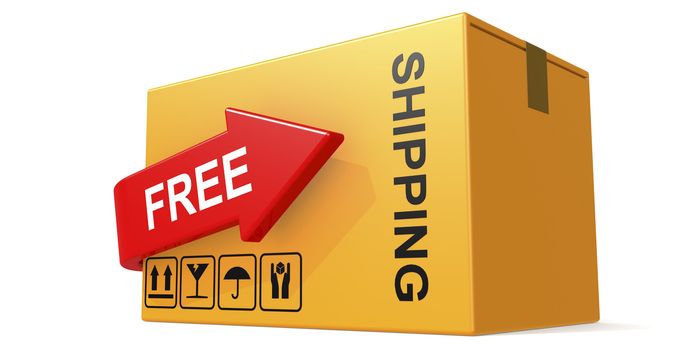 Free shipping text on the cardboard box isolated, 3D rendering