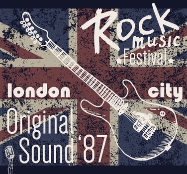  T-shirt Printing design, typography graphics, London Rock festival vector illustration with  grunge flag and hand drawn sketch guitar Badge Applique Label.