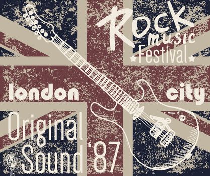  T-shirt Printing design, typography graphics, London Rock festival vector illustration with  grunge flag and hand drawn sketch guitar Badge Applique Label.