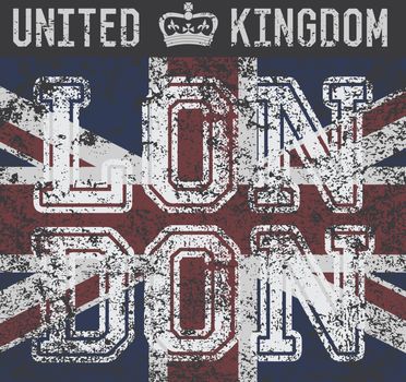  T-shirt Printing design, typography graphics, London United kingdom, grunge flag vector illustration Badge Applique Label.