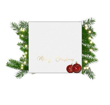 Christmas composition. Paper blank, christmas tree branches, red balls with lights on white background. Text Merry Christmas. Flat lay, top view, copy space. 3D render