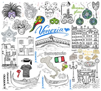 Venice Italy sketch elements. Hand drawn set with flag, map, gondolas gondolier clouth , houses, pizza, traditional sweets, carnival venetian masks, market bridge. Drawing doodle collection isolated.