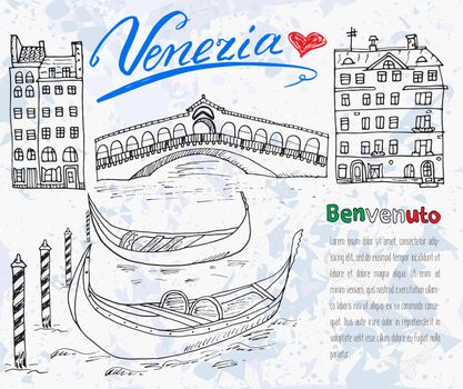 Venice Italy sketch elements. Hand drawn set with flag, map, gondolas, houses, market bridge. Lettering Venice, welcome in Italian. Drawing doodle collection and sampe text, isolated.