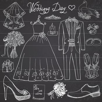 Wedding day elements. Hand drawn set with flowers candle bride dress and tuxedo suit, shoes, glasses for champaign and festive attributes. Drawing doodle collection, on chalkboard background.