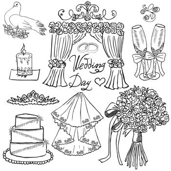 Wedding day elements. Hand drawn set with flowers, candle, glasses for champaign and festive attributes. Drawing doodle collection, isolated on white background.